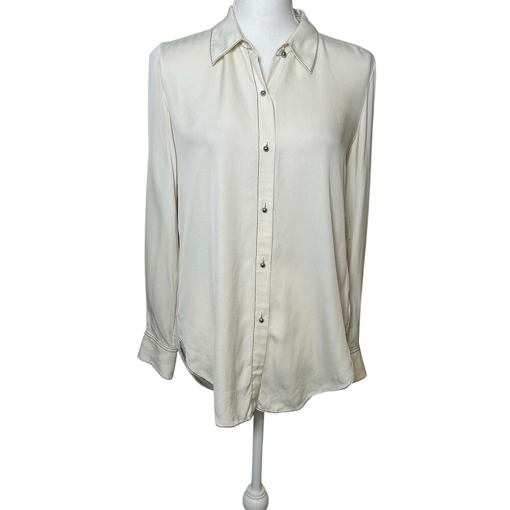 Theory womens cream black stitch Sunaya B-modern 100% silk long sleeve blouse M